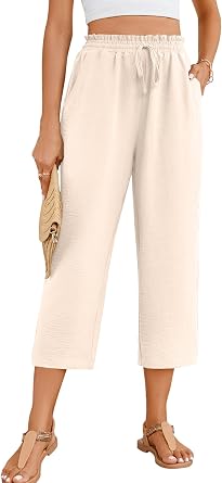 POPYOUNG Womens 3/4 Pants High Waisted Wide Leg Lounge Pants Drawstring Causal Palazzo Pants Trousers with Pockets