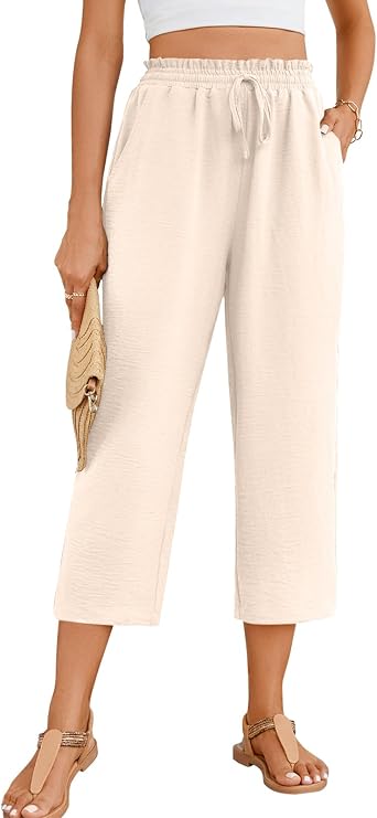 POPYOUNG Womens 3/4 Pants High Waisted Wide Leg Lounge Pants Drawstring Causal Palazzo Pants Trousers with Pockets