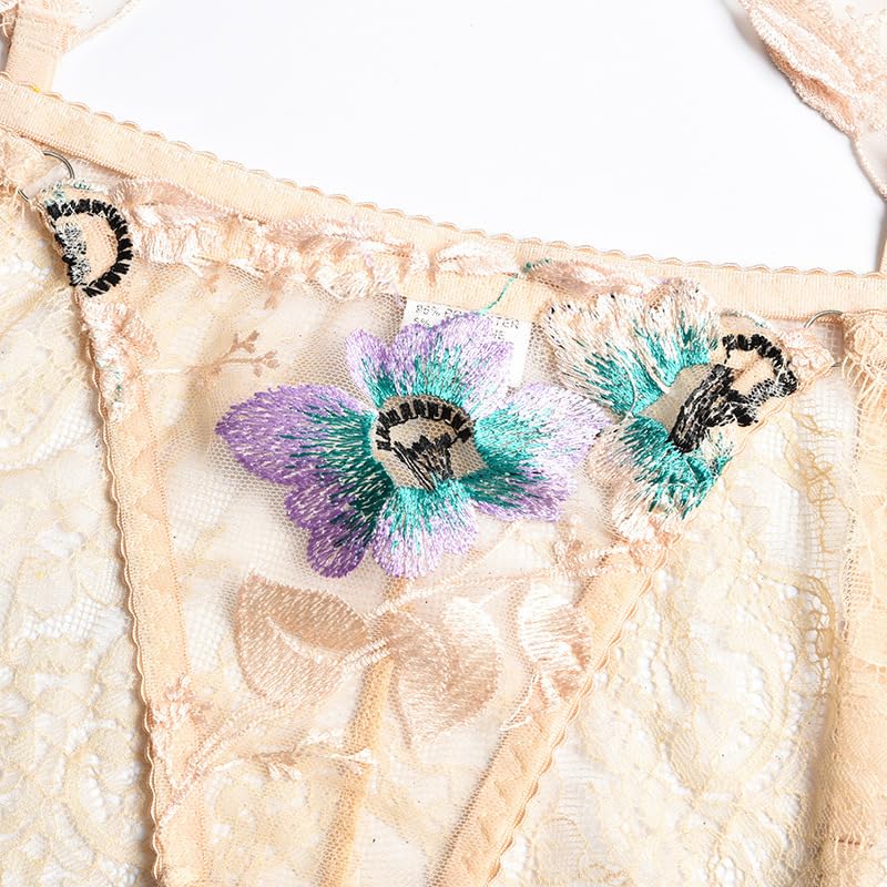 Lingerie sexy femme pour soirée romantique en ensemble jarretières trois pièces dentelle brodée - 4
