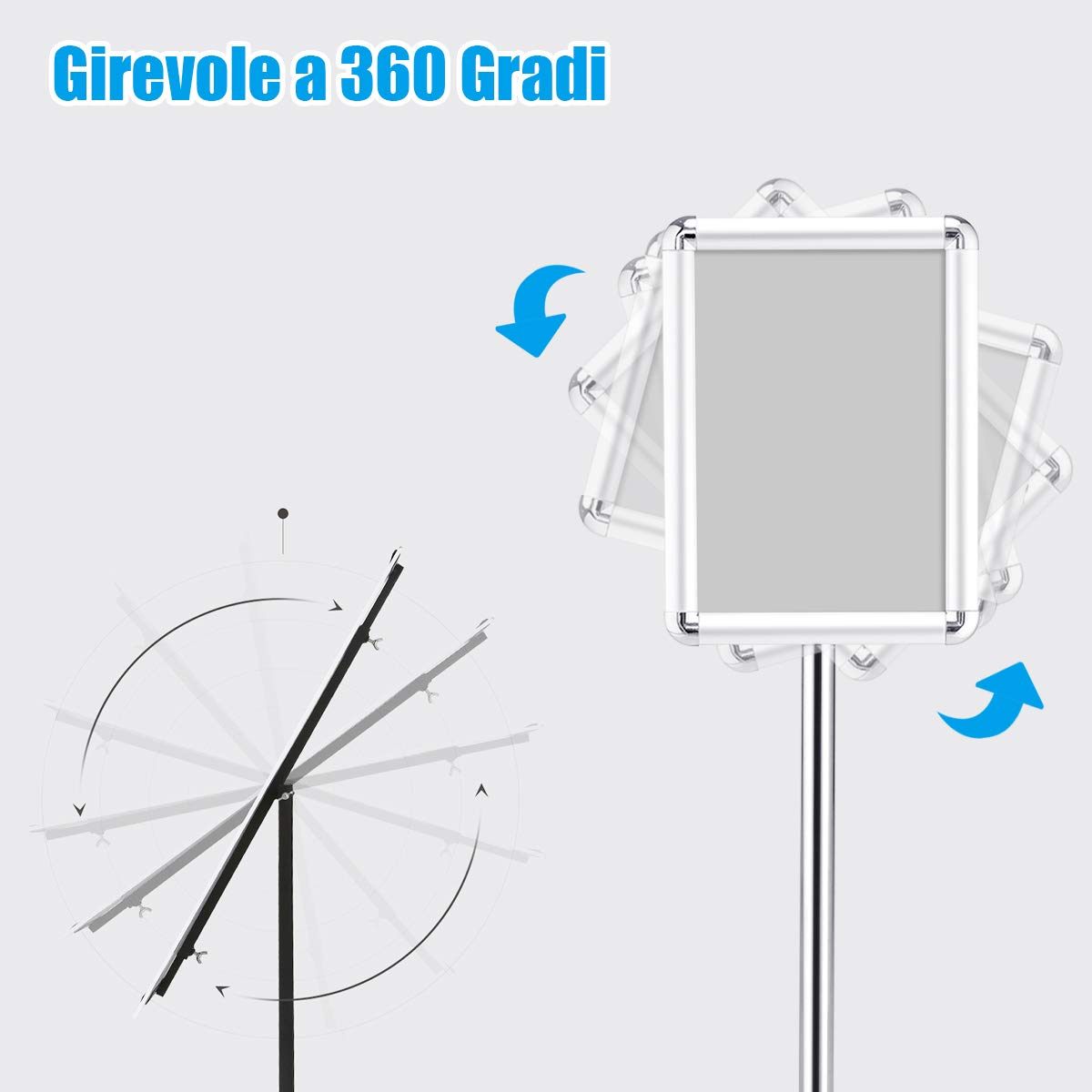 GYMAX A4 Stand Poster Menù, Supporto per Informazioni, Espositore da Terra, Altezza Regolabile, Pannello Girevole, Base Stabile, Porta Pubblicità per Negozio, Ristorante e Bar (Argento)