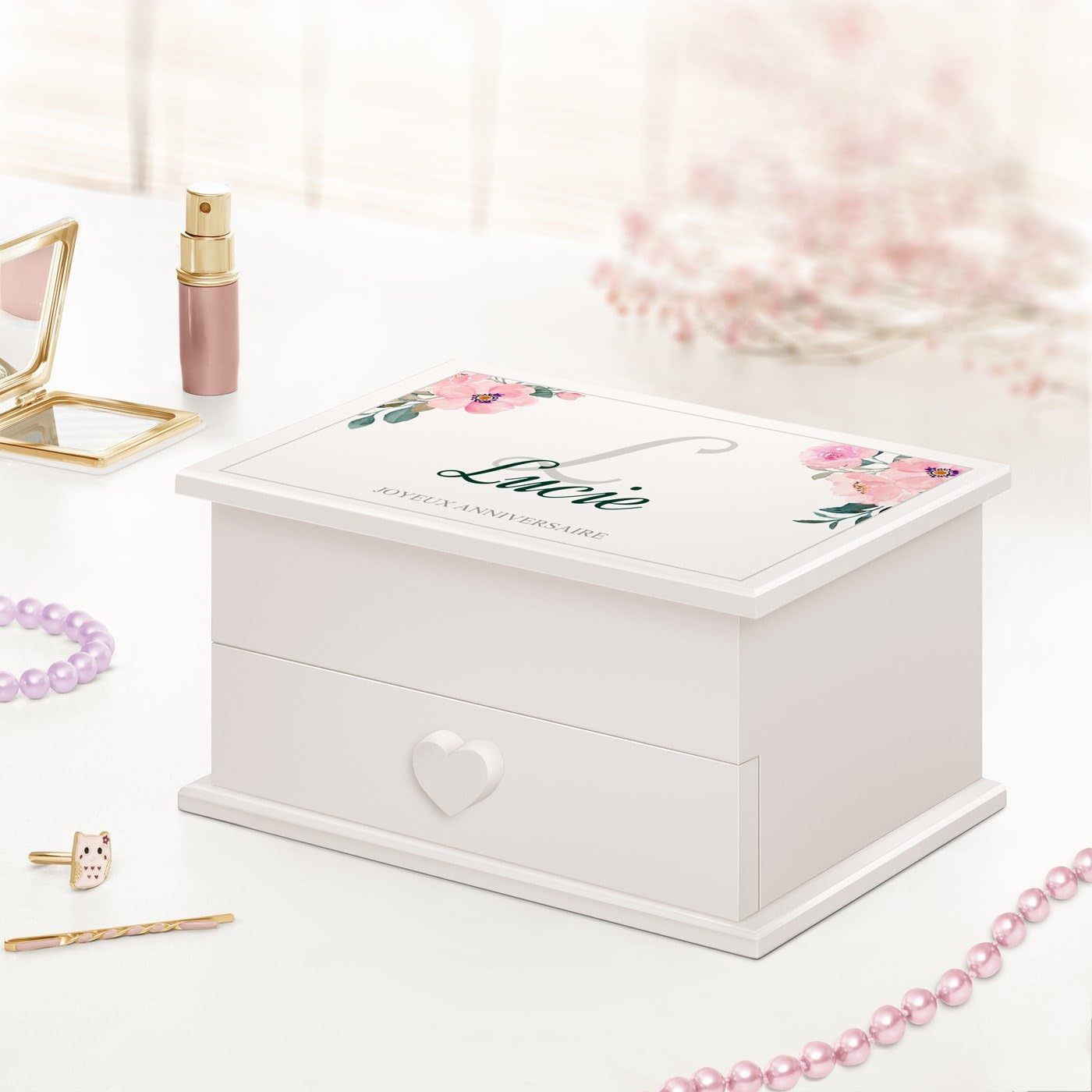 Maverton Boîte à Bijoux Musicale avec personnalisation pour jeune femme | Coffret en bois avec prénom, Organisateur décoratif pour fille, souvenir pour elle pour anniversaire, 18 ans