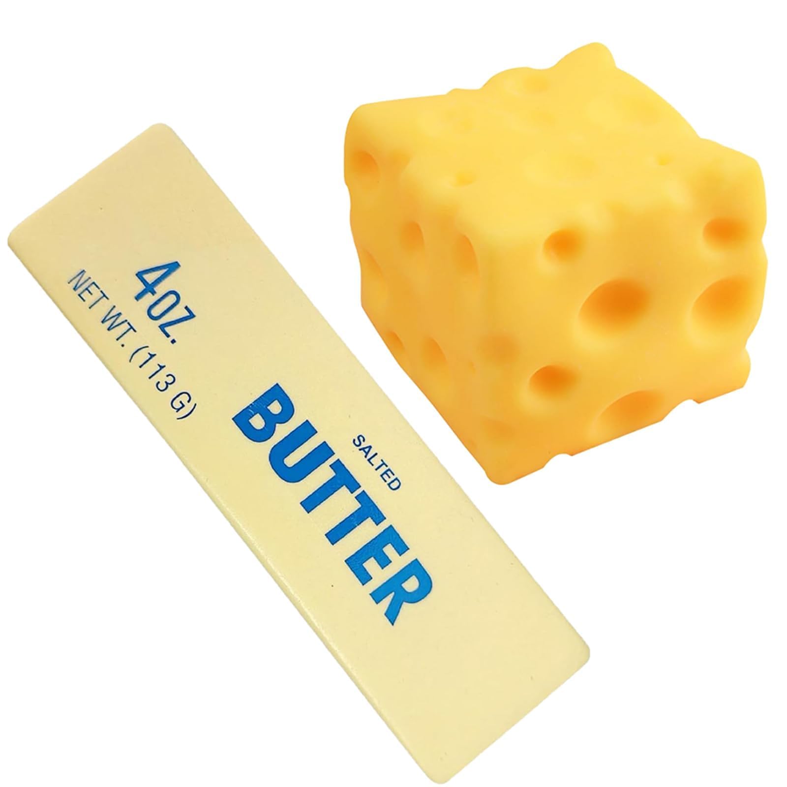 Butter Squishy, Cheese Squishy, Butterstick, giocattolo antistress con stampo per formaggio realistico e fori per formaggio, giocattolo antistress, sicuro e non tossico (Formaggio 12 Cm + Burro)