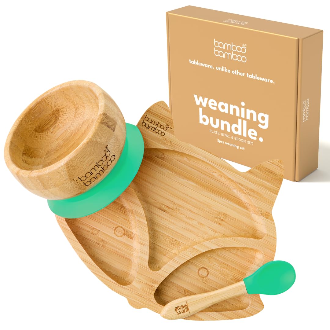 Bamboo Baby Teller Geschenk - Kindergeschirr Set mit Saugnapf, Schüssel und Löffel ab 6 Monaten (Fuchs, Grün)