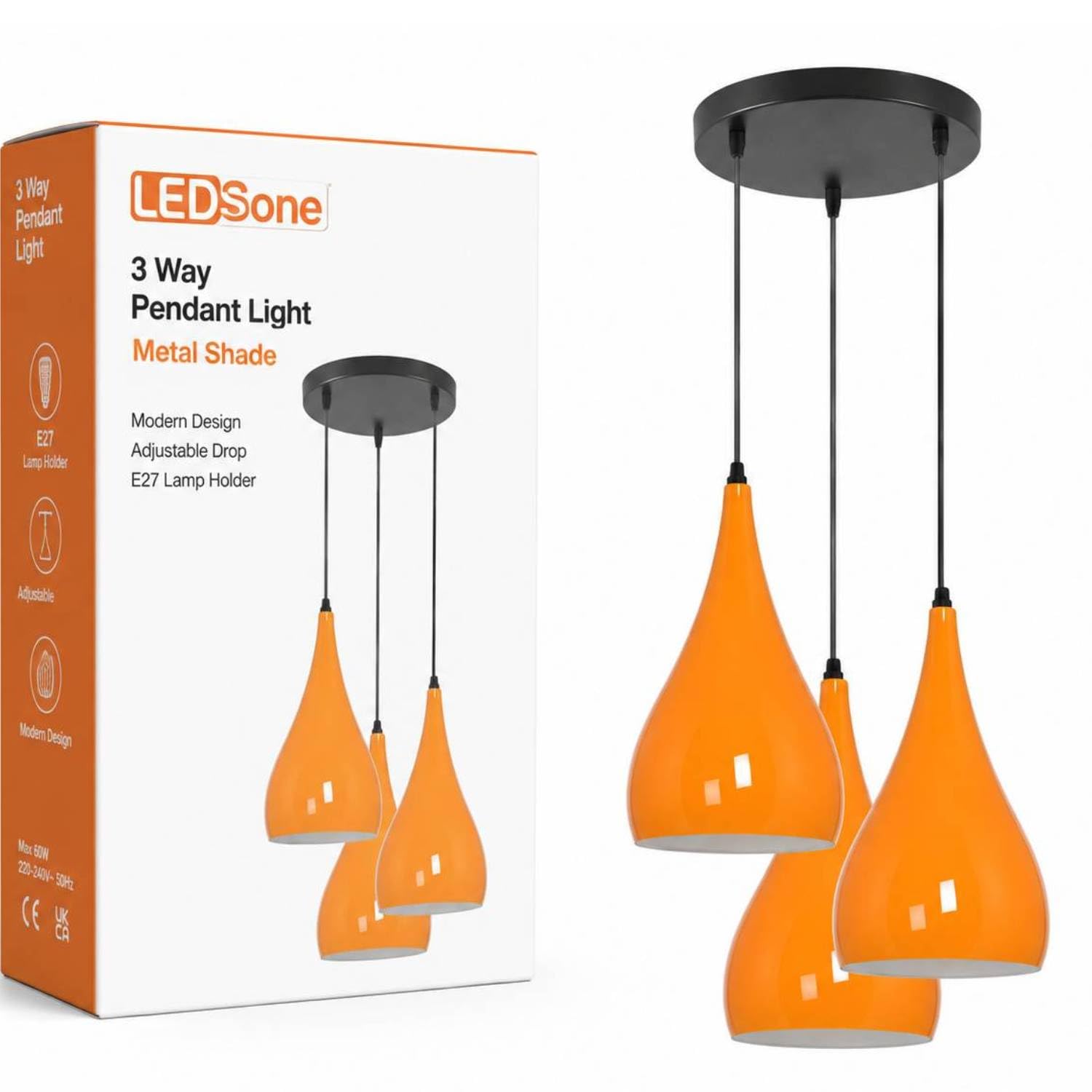 LEDSone 3 Head Ceiling Pendant Light, Modern Orange Metal Tear Drop Ceiling Hanging Pendant Light Shade Cluster Light Fitting Fixture E27 Lighting for Living Room, Bedroom, Dining Room, Hallways