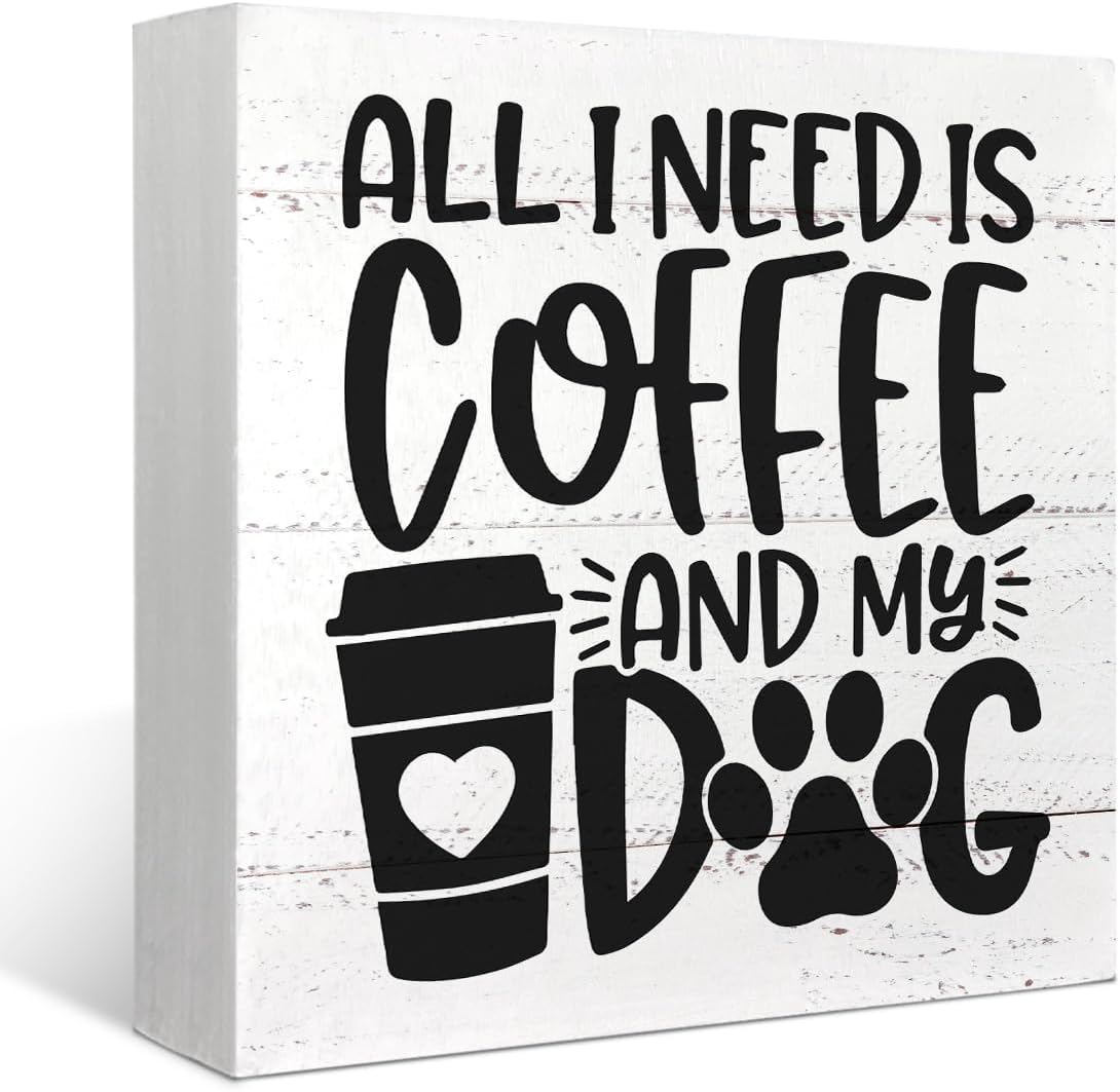 Mtrgdn All I Need is Coffee and My Dog Wood Box Sign Desk Decor Rustic Office Wooden Box Block Sign Decorations for Home Kitchen Wall Tabletop Desk Decor dog lover gifts