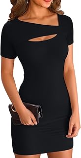 Womens Summer Dresses Cutout One Piece Ribbed Bodycon Mini Short Sleeve Casual Slim Fitted Pencil Dresses - Buy now
