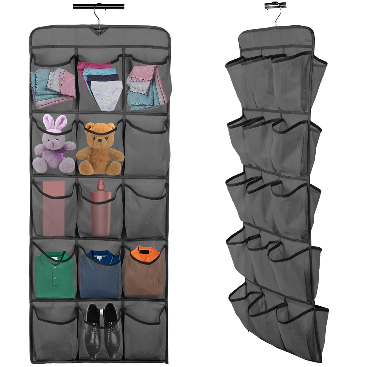 Over Door Storage Organiser, Double-Side Hanging Shoe Storage Organizer with 30 Large Pockets, Large Capacity Back of Door Storages with Rotating Hanger for Bedroom Closet Laundry Room(1pcs black)