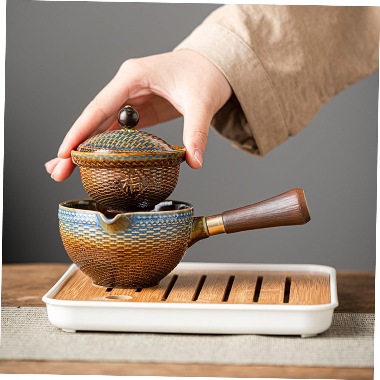 iplusmile Juego de Té y Tazas de Cerámica Tetera Giratoria de Viaje Diseño Portátil y Elegante para Aficionados al Té y Regalos Obsequios