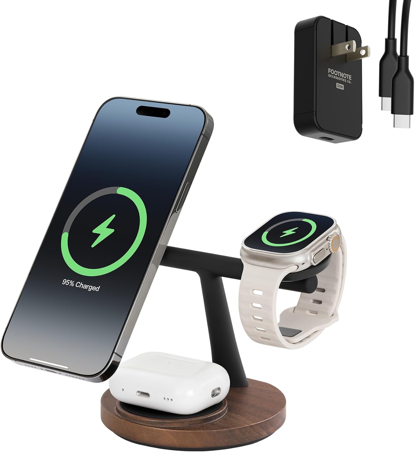 ZenStand Magnetic Wireless Charger, Compatible with iPhone & Apple Watch, Compatible with MagSafe, Walnut Wood Design, 15W Max, Soft-Touch, Wireless Charging Station (Bundle with 30W Adapter & Cable)