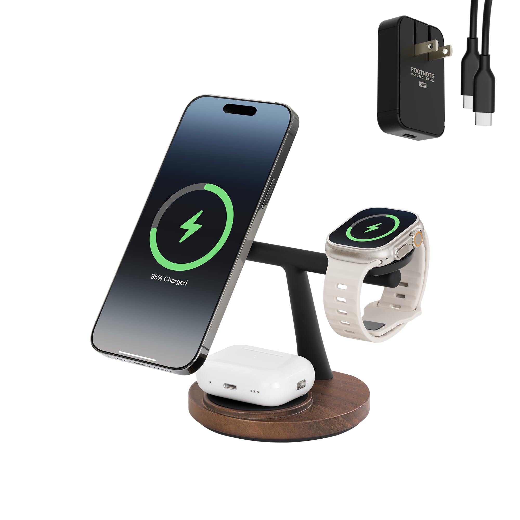 magnetic wireless charger walnut wood 15w max soft-touch charge iPhone apple watch