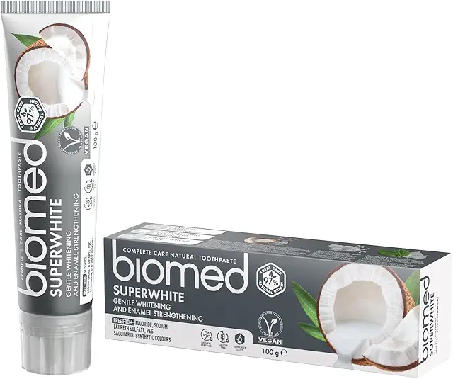 Pasta de dientes blanqueadora 97 % natural Biomed Superwhite, Fortalecedora de esmalte, Sabor a coco, apto para veganos, sin SLES 100 g
