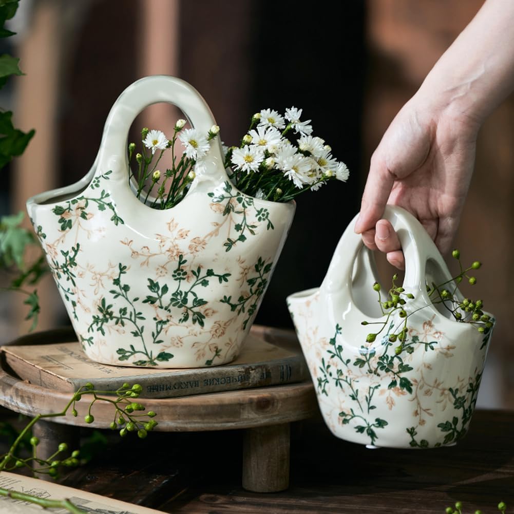 Small Green Purse Vase,Ceramic Chinoiserie Floral Vase,Vintage Green Vases Retro Ceramic Flower Vases for Home Decor, Living Room,Office,Chinoiserie Decor,B1