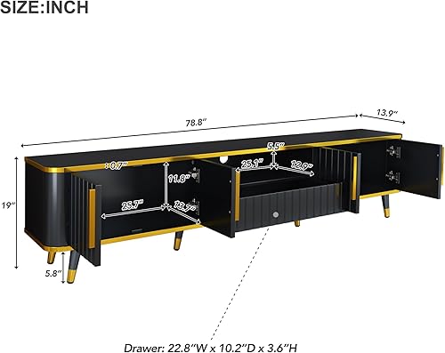 Miniatura 29 de Merax Moderno soporte de TV con patas de metal, asas doradas, líneas geométricas y estantes ajustables para televisores de hasta 80 pulgadas, mesa