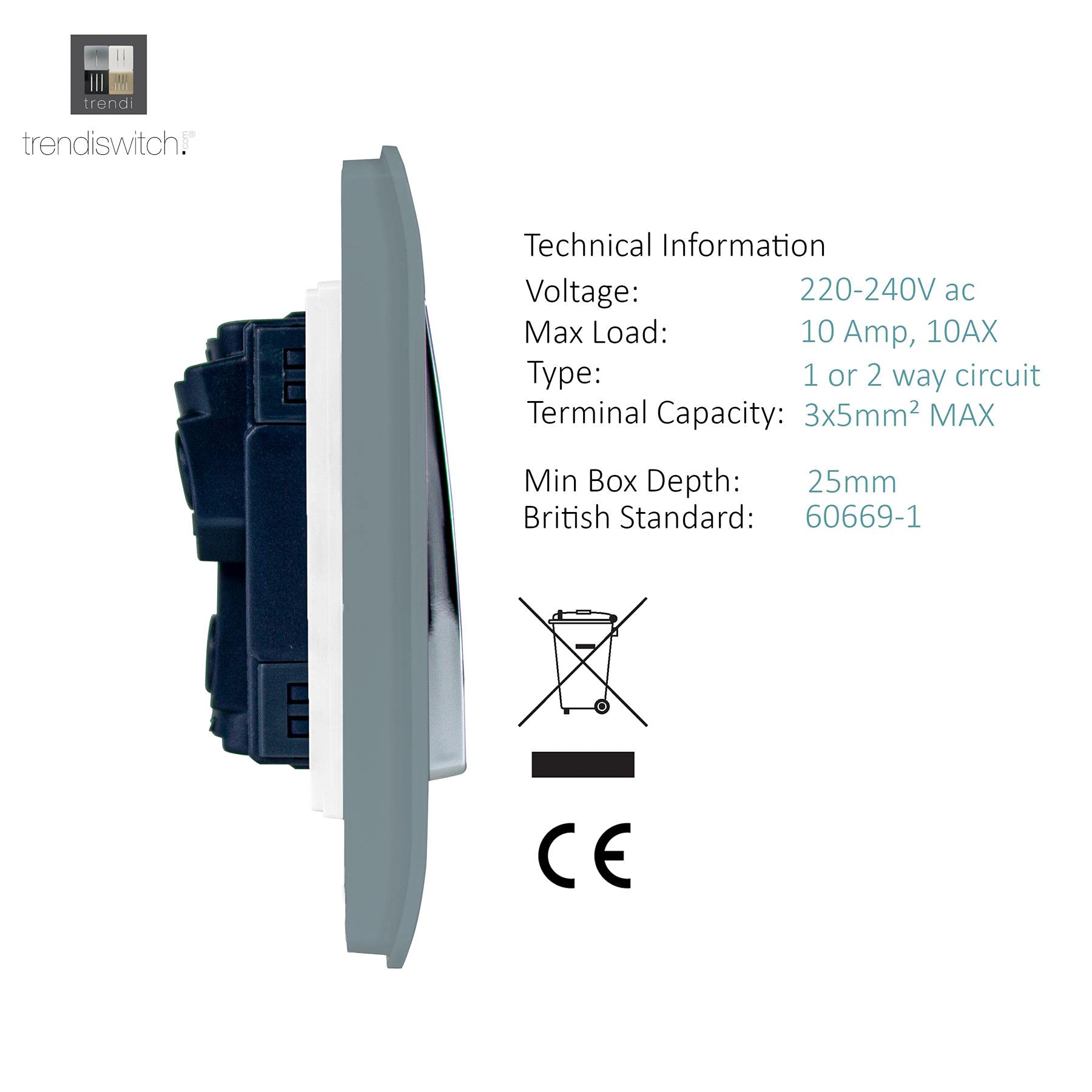 Trendi Modern 1 Gang 1 or 2 way Screwless Rocker Light Switch in Cool Grey (Pack of 5) - Image 3