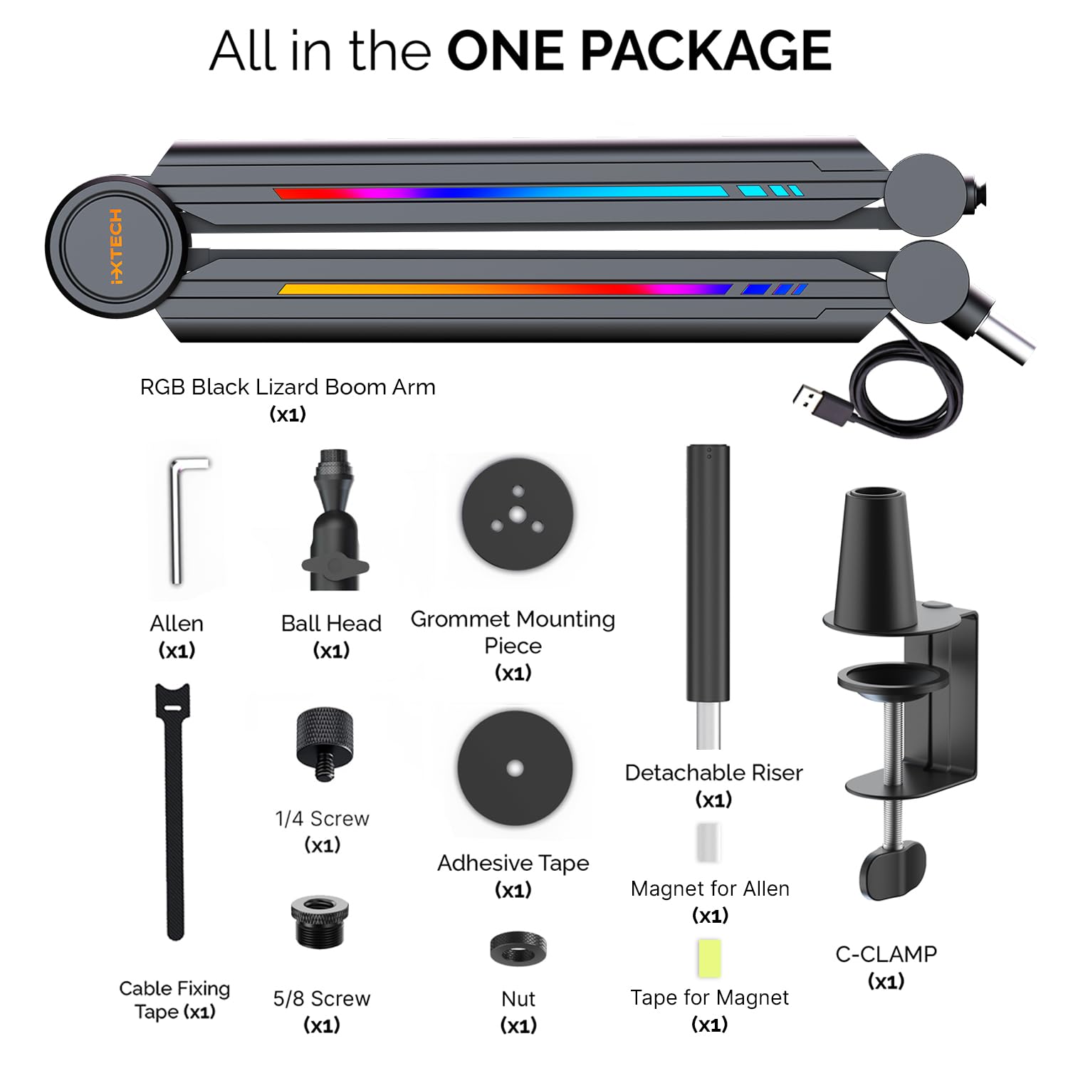 IXTECH Brazo de micrófono RGB de perfil alto, soporte de micrófono de brazo superior para escritorio, soporte de micrófono ajustable con soporte de escritorio, brazo de micrófono para transmisión en