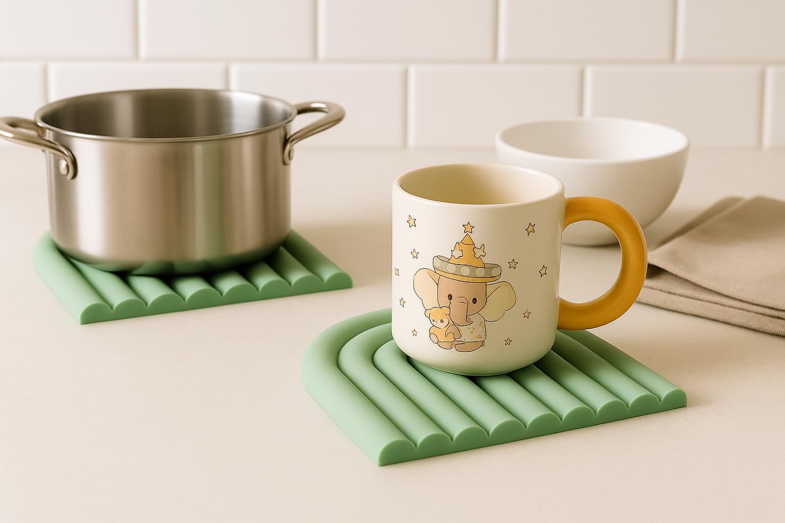 Bare & Balanced Lot de 2 dessous de plat en silicone résistants à la chaleur – Tapis de cuisine antidérapants et multi-usages, dessous de verre isothermes et maniques – Sets de table modernes pour