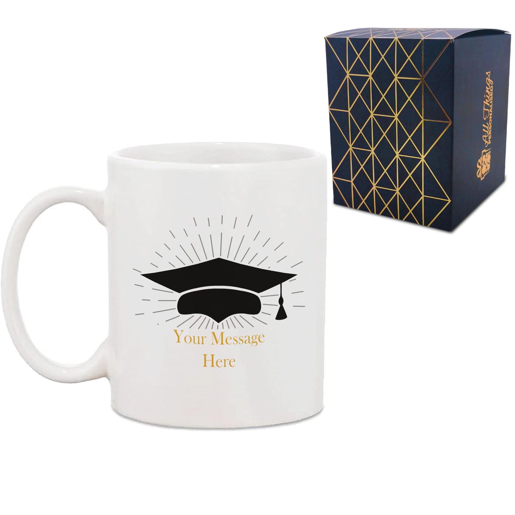Personalised Printed Graduation Mug with Grad Cap Burst Design, Personalise with Any Name or Message, Gift Box Included, Full Colour Print, University College Graduation Gift