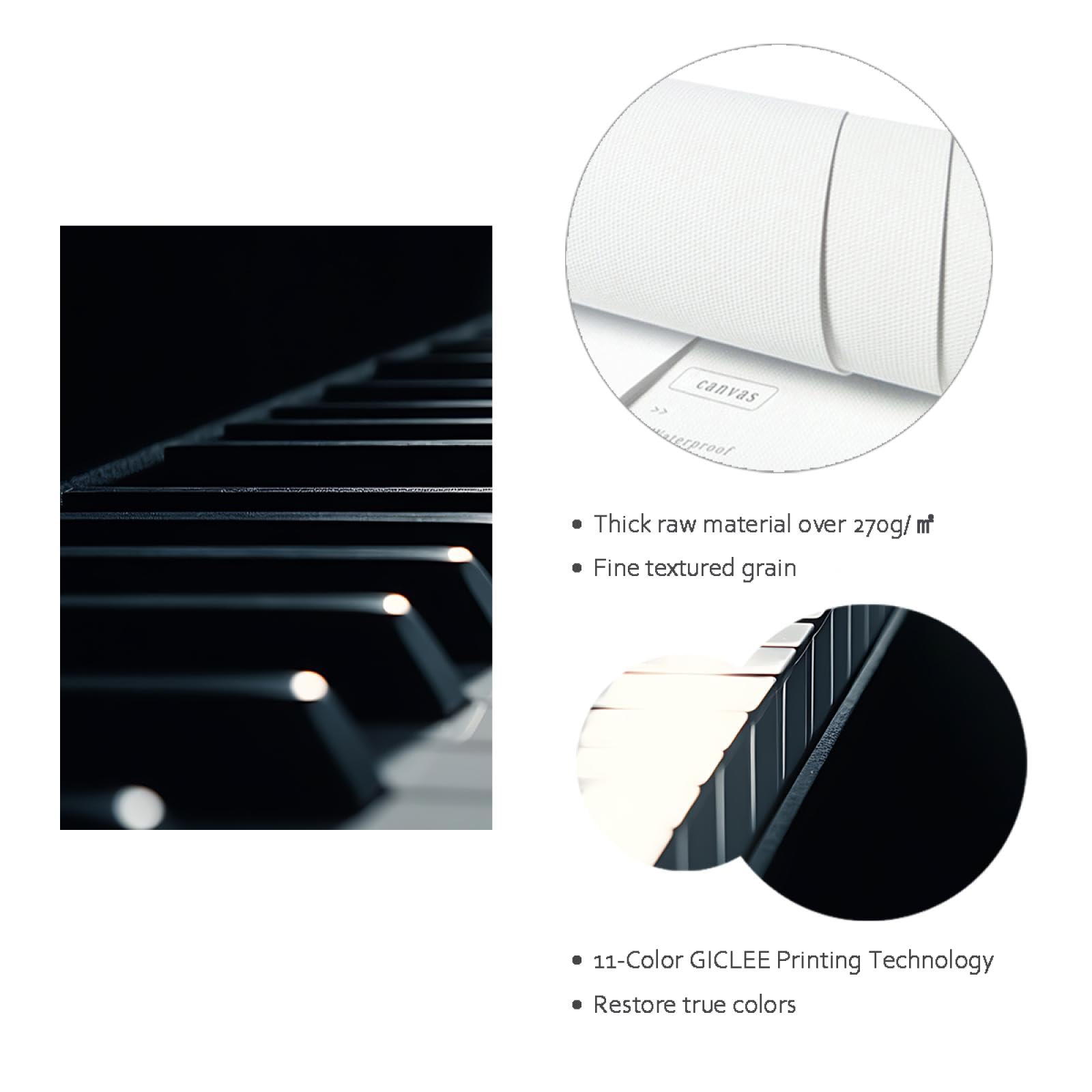 CHERHERART Lienzos de teclas de piano en blanco y negro para living oficina estudio aula obras de arte para el hogar abstracto luz del sol lienzo arte de pared decoración marco interior