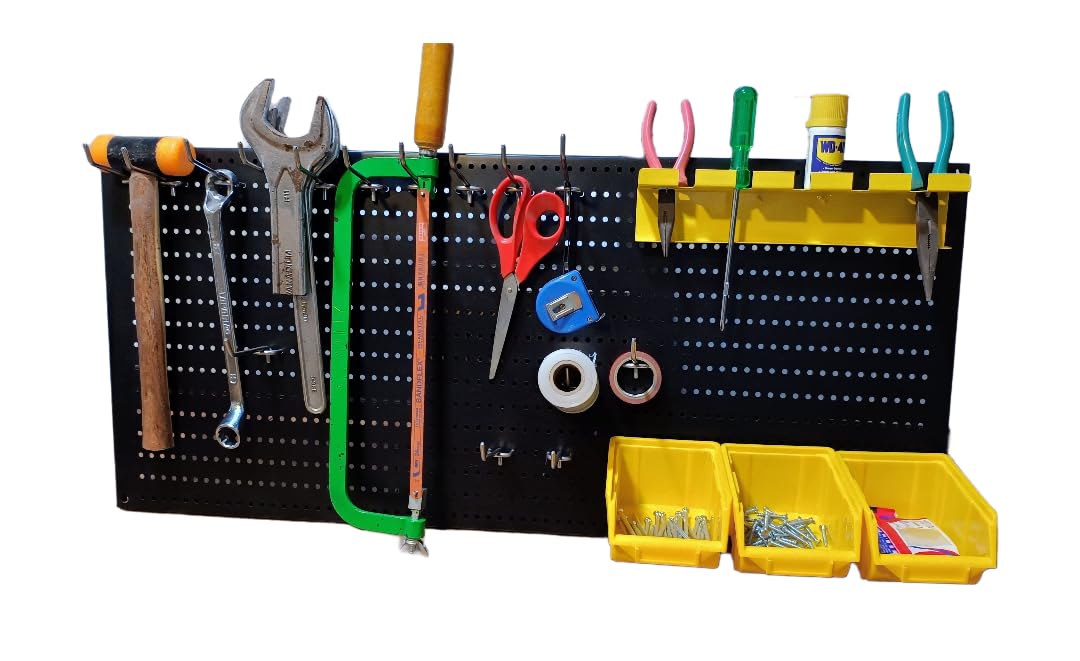 Generic Metal Pegboard Wall Mount Tool Organiser with Multiple Stainless Steel Peg Hooks 4inch and 6inch 10pcs Each 1 Tool Holder 3 Bins Pegboard Size 36x15x1.25 inches Black-image-7