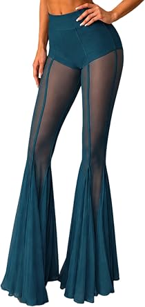 Womens Sheer Mesh Flare Pants High Waist Sexy See Through Bell Bottom Rave Clubwear for Festival Beach