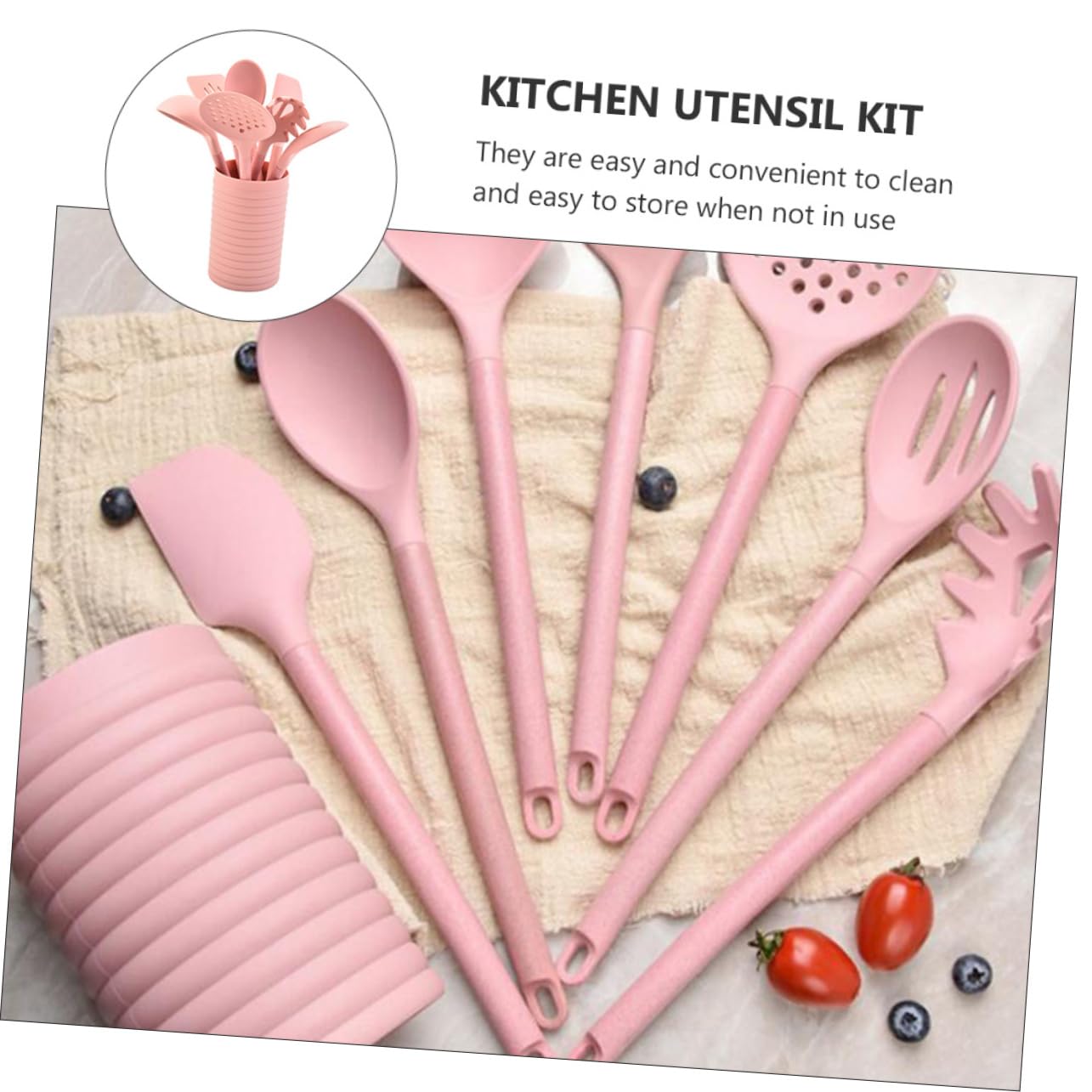COLLBATH Kit De Utensilios De Cocina De Silicona 8 Piezas Espátula Cucharas Y Balde De Almacenamiento