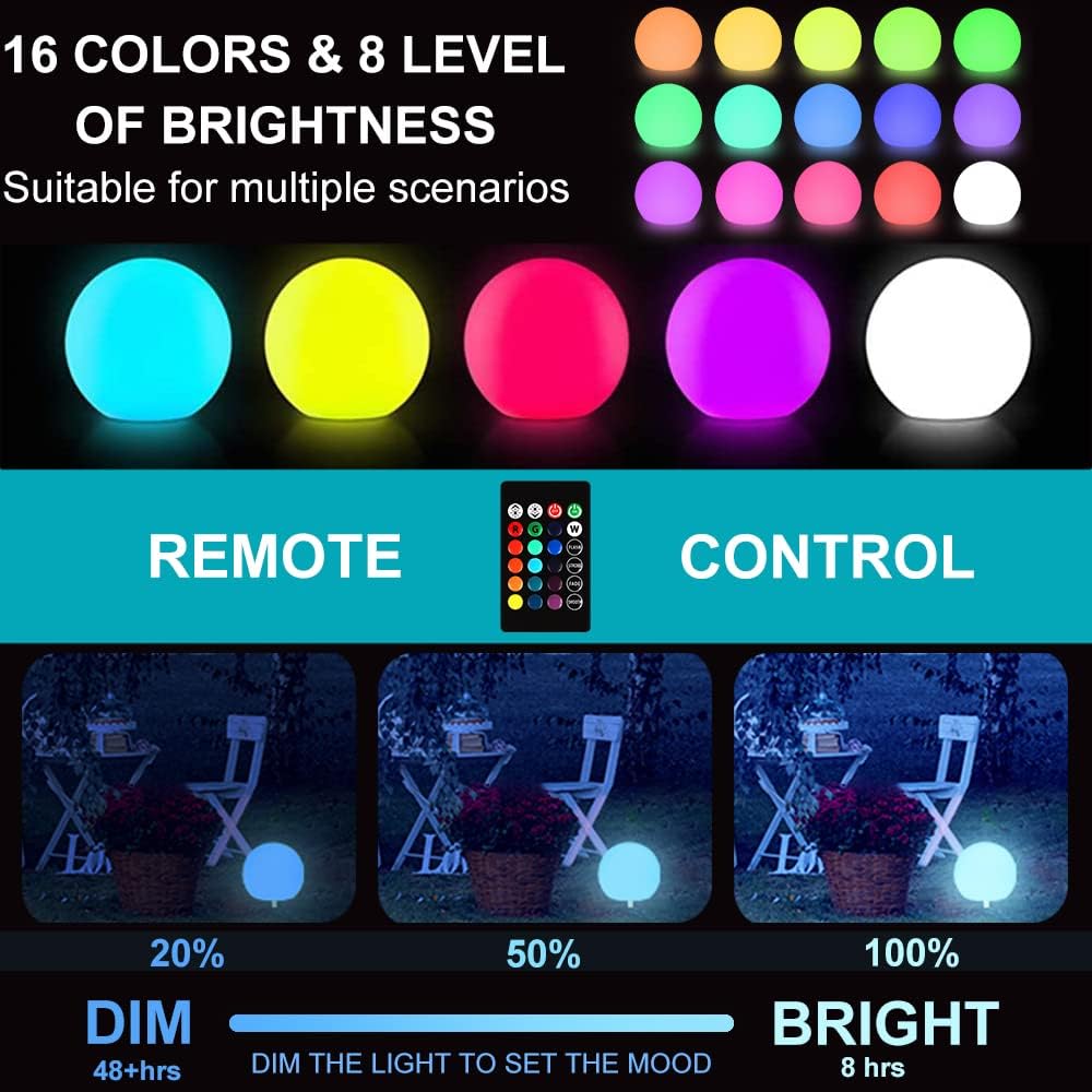 Luz solar de globo brillante de 8 pulgadas, lámpara solar de bola de jardín de 16 colores cambiantes, luz de orbe brillante con control remoto, globo de iluminación de paisaje impermeable con estaca 4