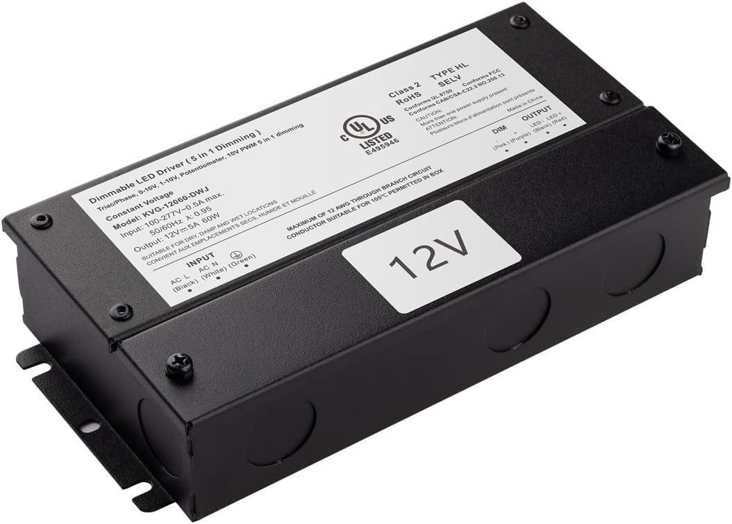 mirrea 60W LED Power Supply AC 100V-227V to DC 12V Low Voltage Transformer UL-listed Dimmable LED Driver Compatible with Triac / 0-10V / 1-10V / Potentiometer / 10V PWM Dimmer Switches