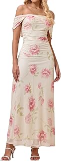 Women Floral Off Shoulder Maxi Dress Summer Ruched Bodycon Long Formal Wedding Guest Dresses 2025