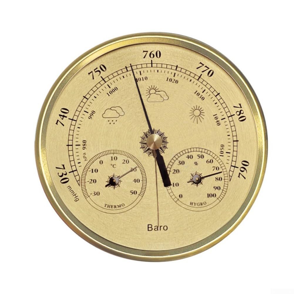 Mechanical Thermometer Hygrometer Barometer 3 In Weather Station No Weather Gauge Aluminum Metal Frame Indoor Outdoor Humidity For Atmospheric Pressure(Gold)