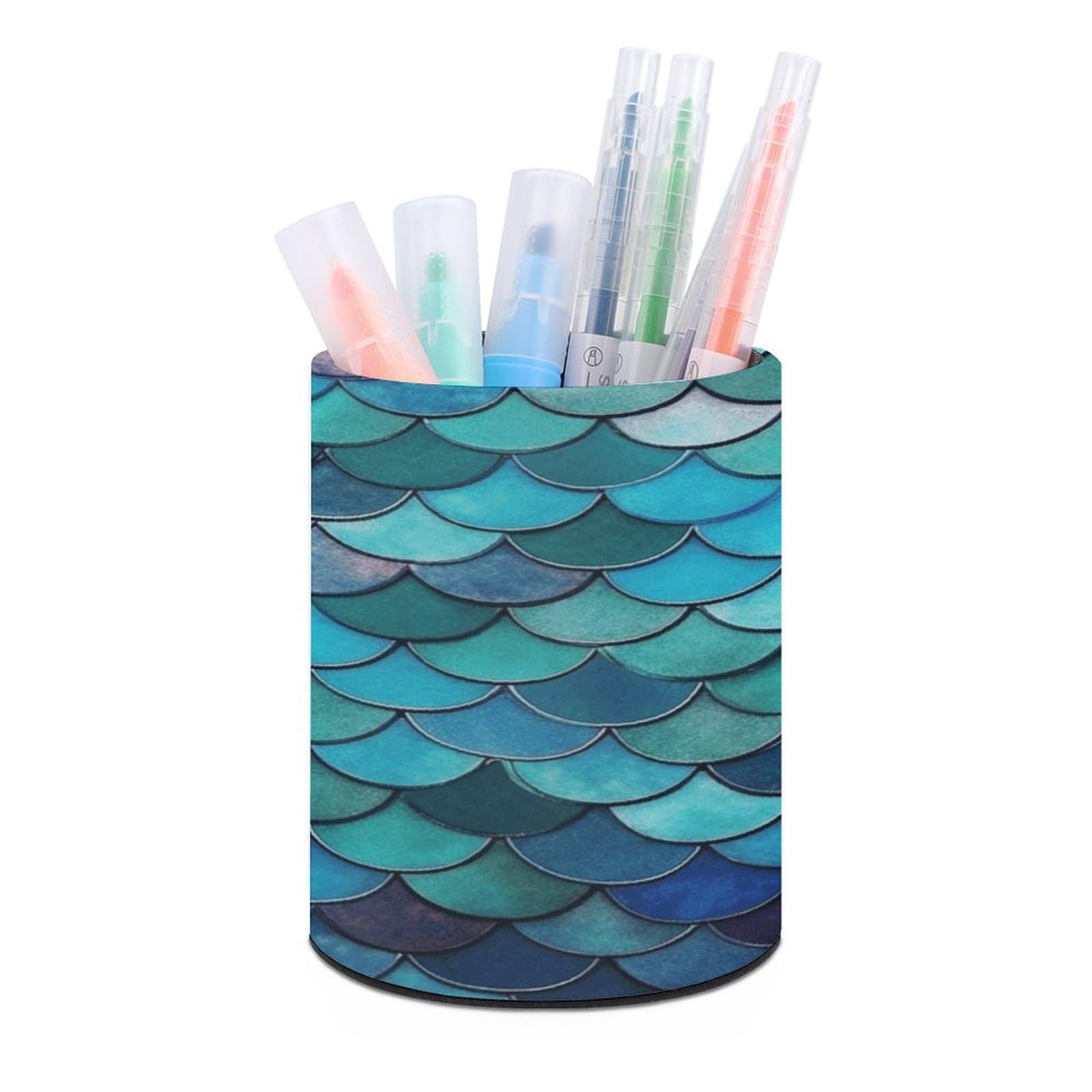 VstaDank Mermaid Pen Holder PU Leather Pencil Cup Minimalist Desk Pencil Holder Round Make Up Brush Organizers For Office Dorm Room&Vanity Desk Accessories