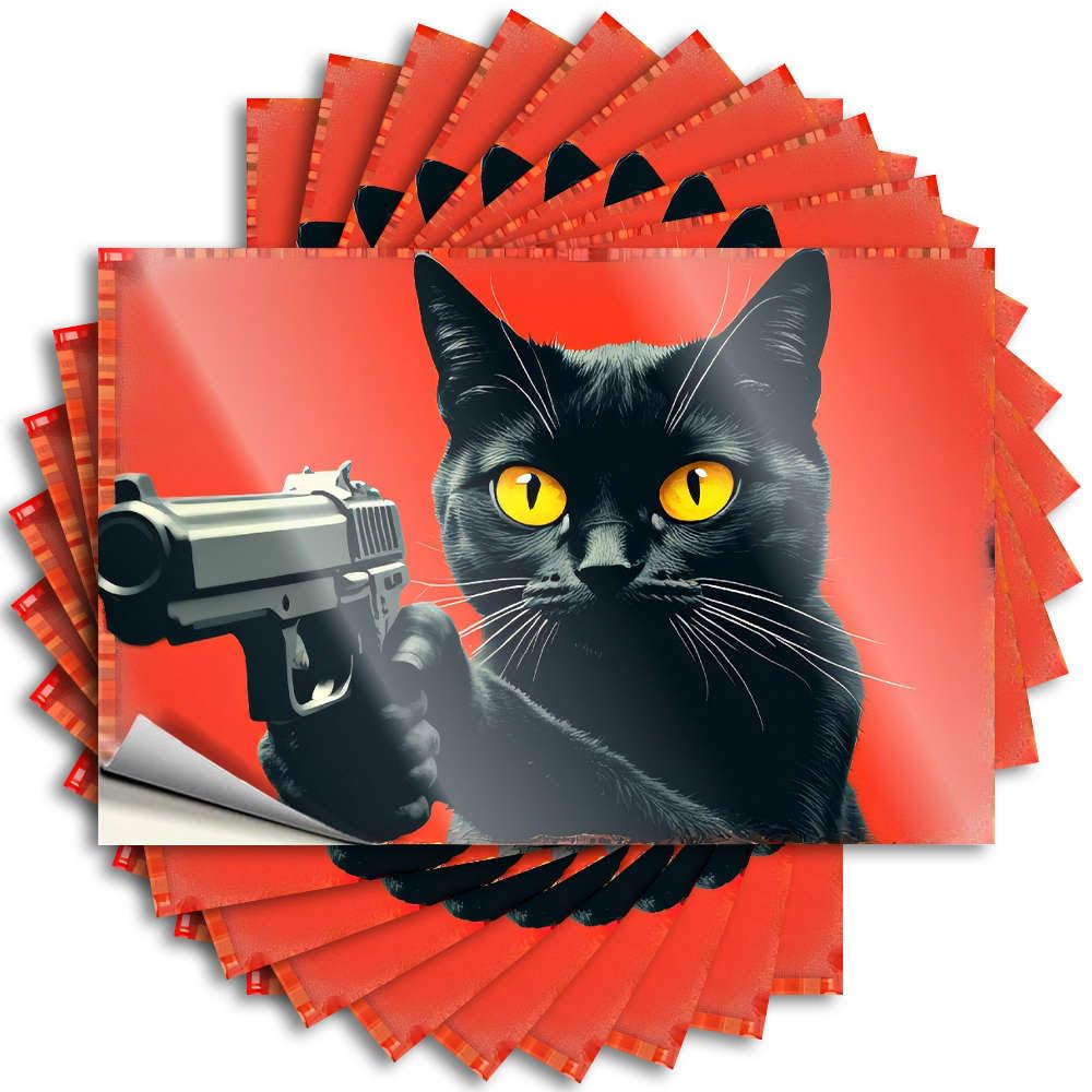 A Black Cat Holding A Gun Against A Red Background. Balcony Decor Billiards DIY | Affirmation Funny Sticker Hat Removable Vinyl Sticker Decal(12X18CM)