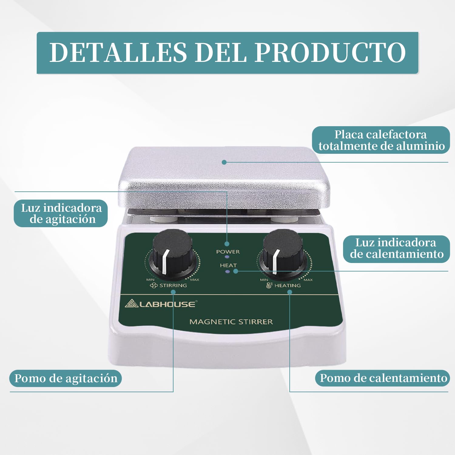 LHS-2 Agitador Magnético Placa Calefactora, 300°C/572°F, 2000RPM | Placa hasta 300°C, 2L, 4 barras PTFE y recuperador, soporte, variable, para calentamiento y mezcla en laboratorio