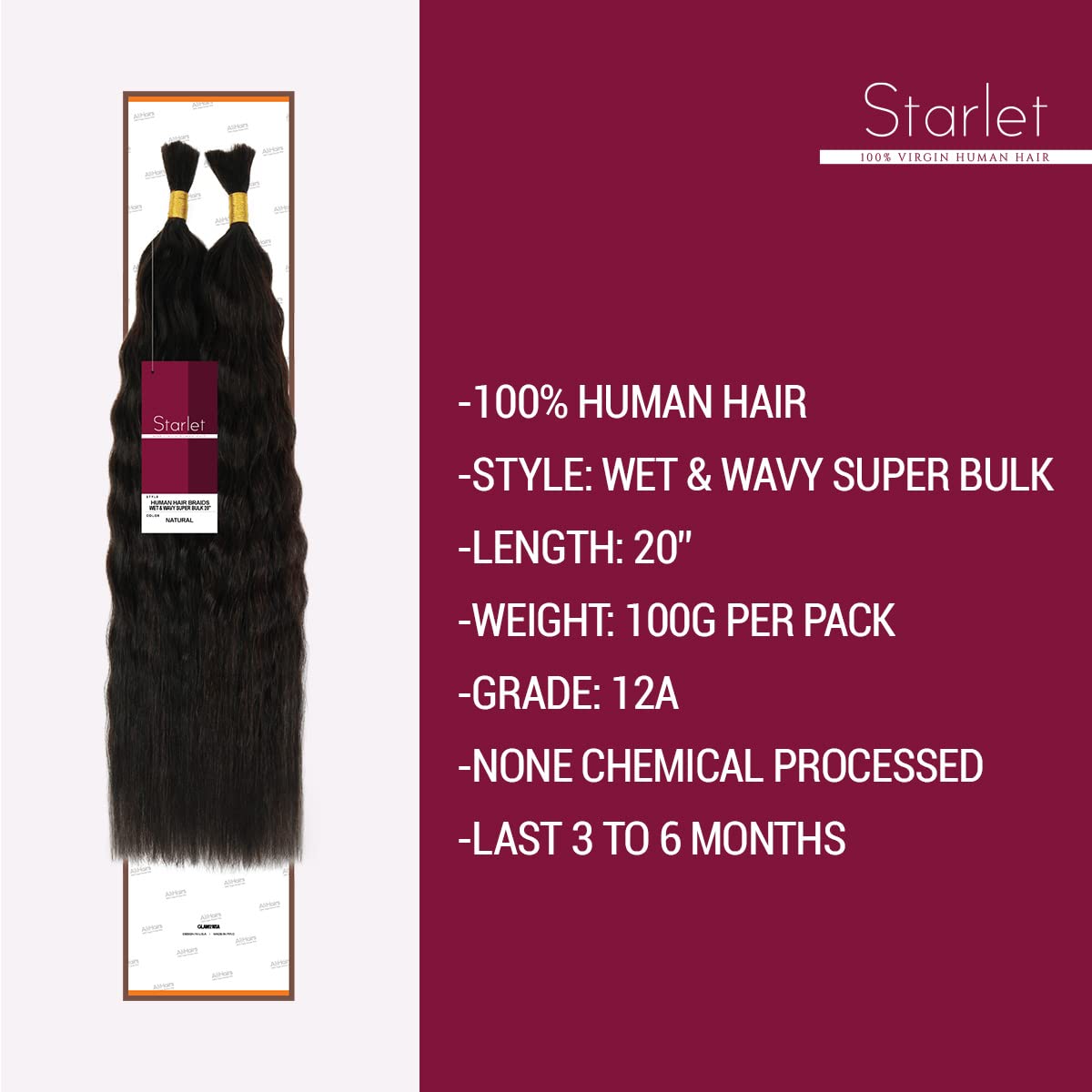 Starlet Virgin Human Hair Wet and Wavy Super Bulk Extensions for Micro Braiding, 20 Inch, 100g, 2 Bundles, Natural Color