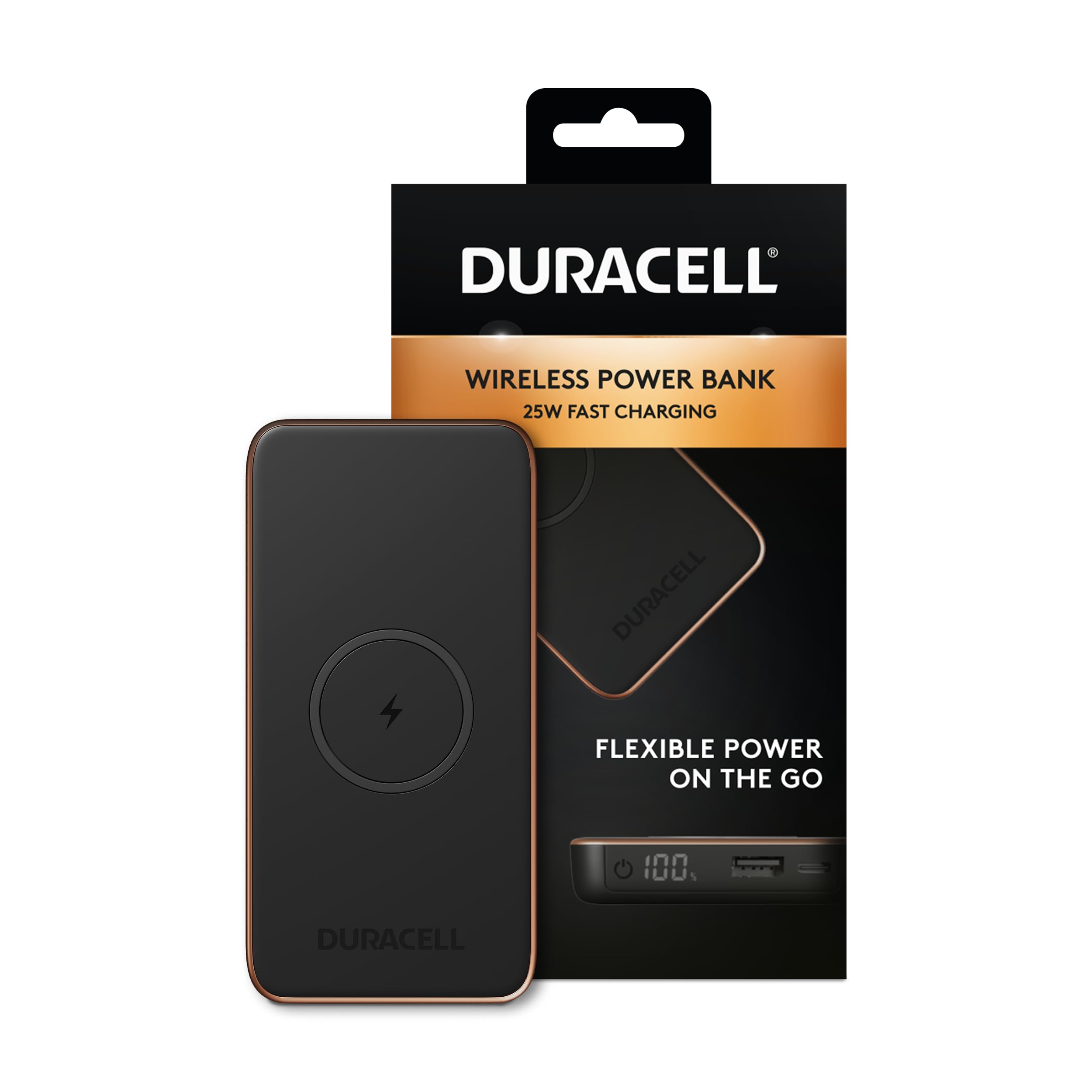Duracell Wireless 10000mAh Power Bank with 25W Fast Charging PD3.0 USB-C and USB-A | Battery Percentage Display | Portable Slim External Battery for iPhone, iPad, Android & Airpods