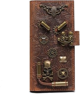 Genuine Leather Steampunk Wallet Long Card Holder Retro Style Clutch Watch Bag Creative Coin Purse for Women Men, Skull wallet