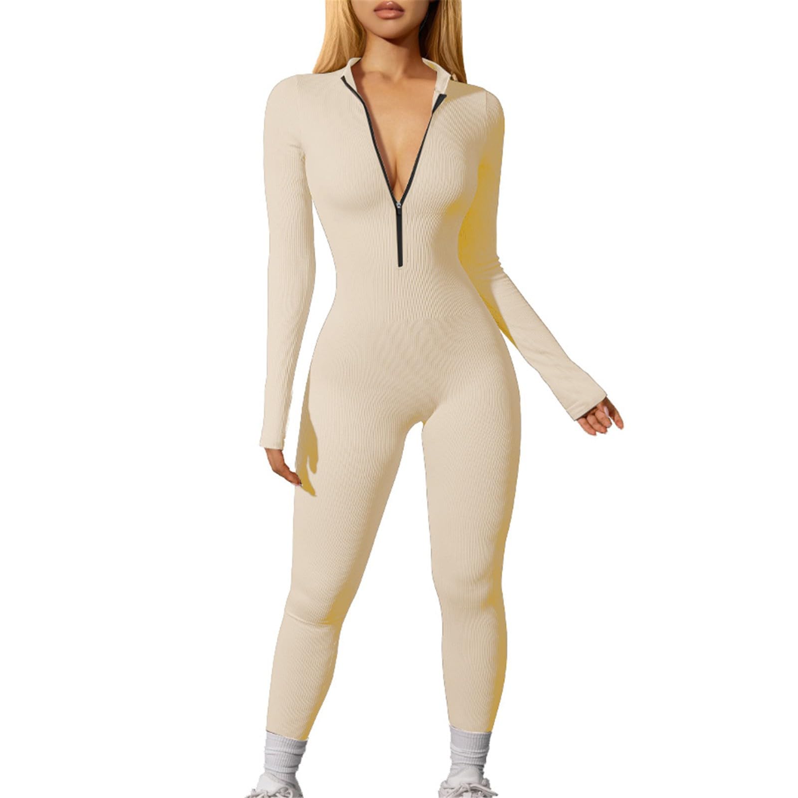 Generic Mono de yoga ajustado para mujer, mono deportivo con cremallera, cuello en V, para yoga, una pieza, de manga larga, corte ajustado, chándal
