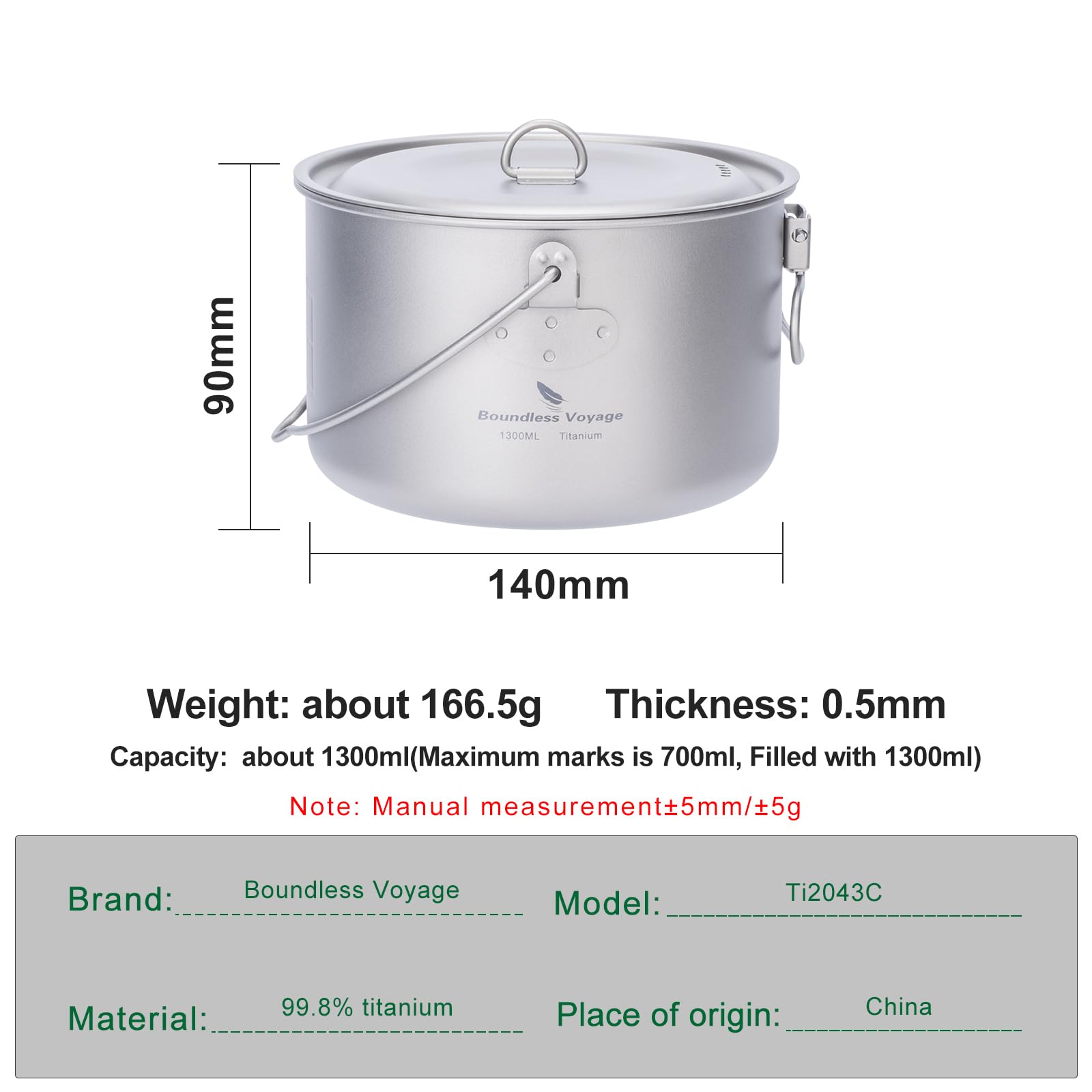 iBasingo Pot en Titane 1300ml Marmite à Soupe avec Couvercle Ustensiles de Cuisine d'extérieur Bol de Bouilloire léger