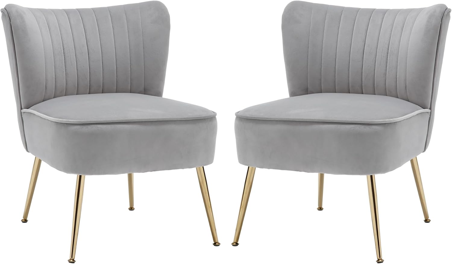 Velvet Accent Chair Set of 2, Comfy Upholstered Side Chair with Gold Metal Legs and Padded Seat, Modern Small Corner Armless Living Room Chairs with Wing Back, Light Gray