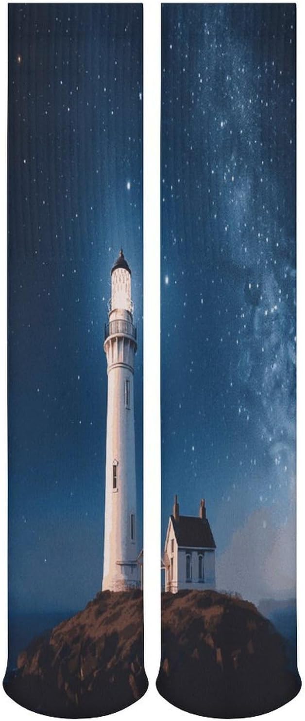 Lighthouse Under Starry Night Sky Crew Socks High Stocking Thermal Socks | Tube Socks-Breathable-Moisture-Soft-wicking for Hospital Pilates Yoga for women men Grippy for office and daily walking