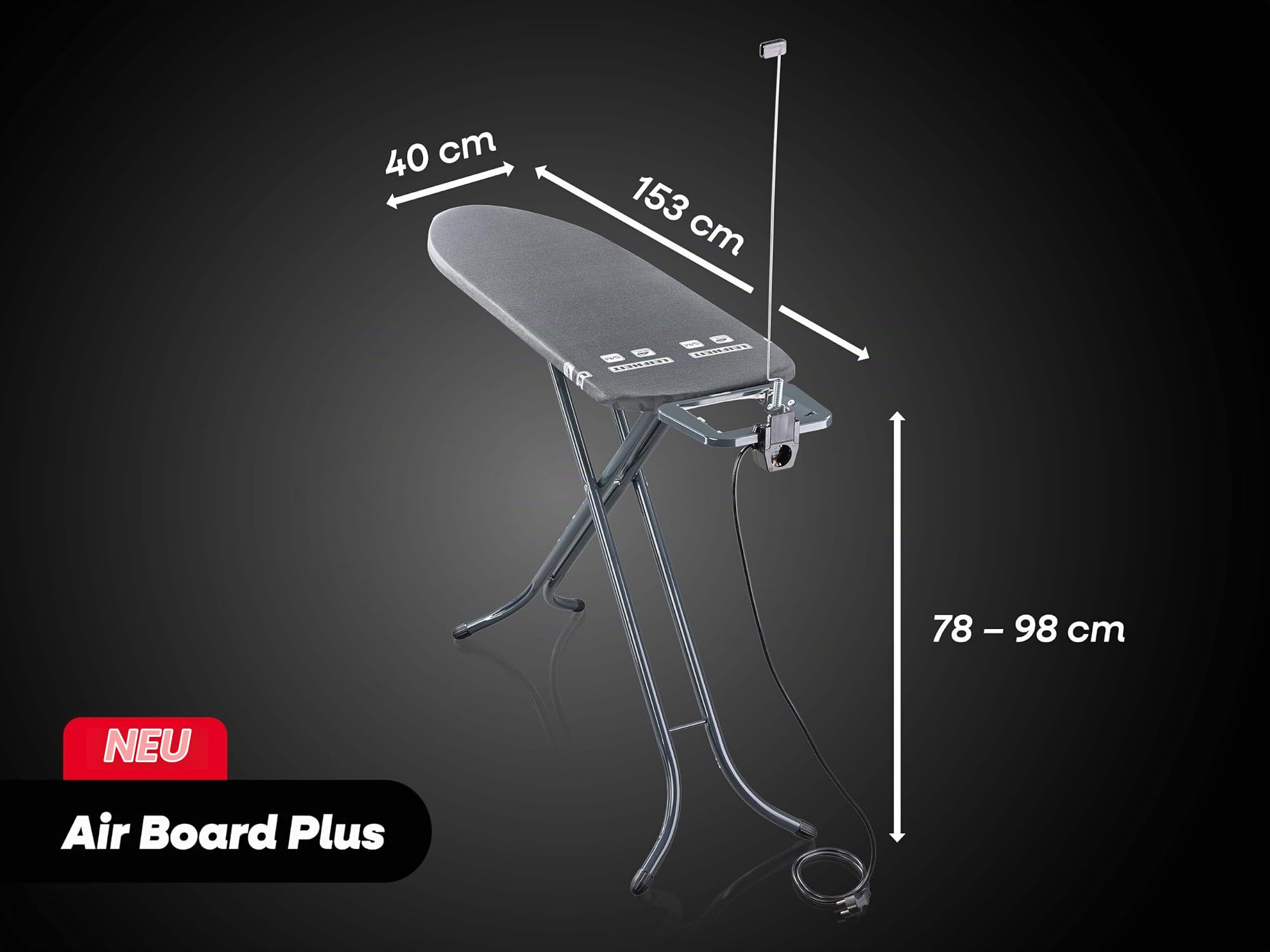 Leifheit Bügeltisch Air Board M Black Plus, Bügelbrett mit 120x38 cm Thermo‑Reflect‑Bügelfläche, Zwei‑Seiten‑Bügeleffekt, Anthrazit‑Design, höhenverstellbar bis 98 cm, Feste Bügeleisenablage