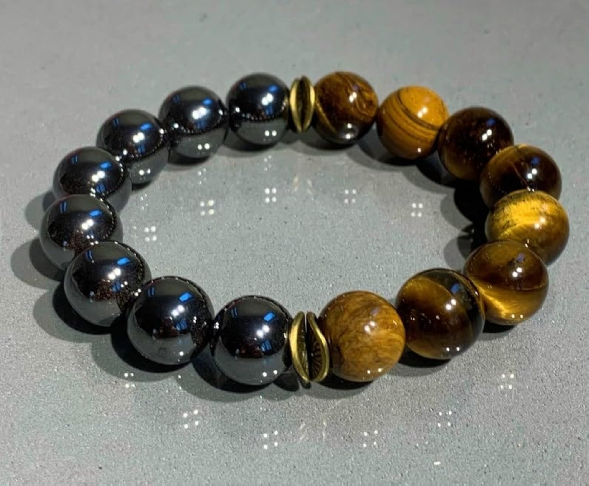 Unisex Natural Hematite & Tigers Eye 12mm Round Beads Stretchable Bracelet