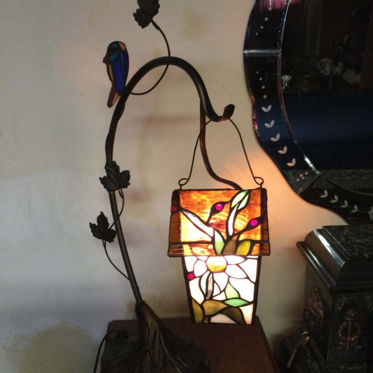 Lampa stołowa Tiffany Bieye L30617 Domek dla ptaków | Witrażowa lampka nocna, różowe kwiaty, dekoracja wnętrz, wysokość 53 cm (21 cali)