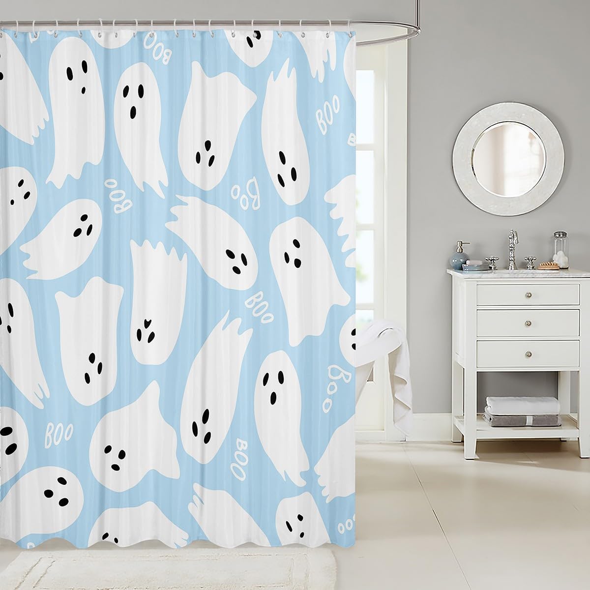Castle Fairy Light Blue Watercolor Bathroom Curtains for Kids Teens Adults,Halloween Trick or Treat Shower Curtains,Kawaii Cute Ghost Bath Curtains with 12 Hooks,Waterproof,72" W x 78" L