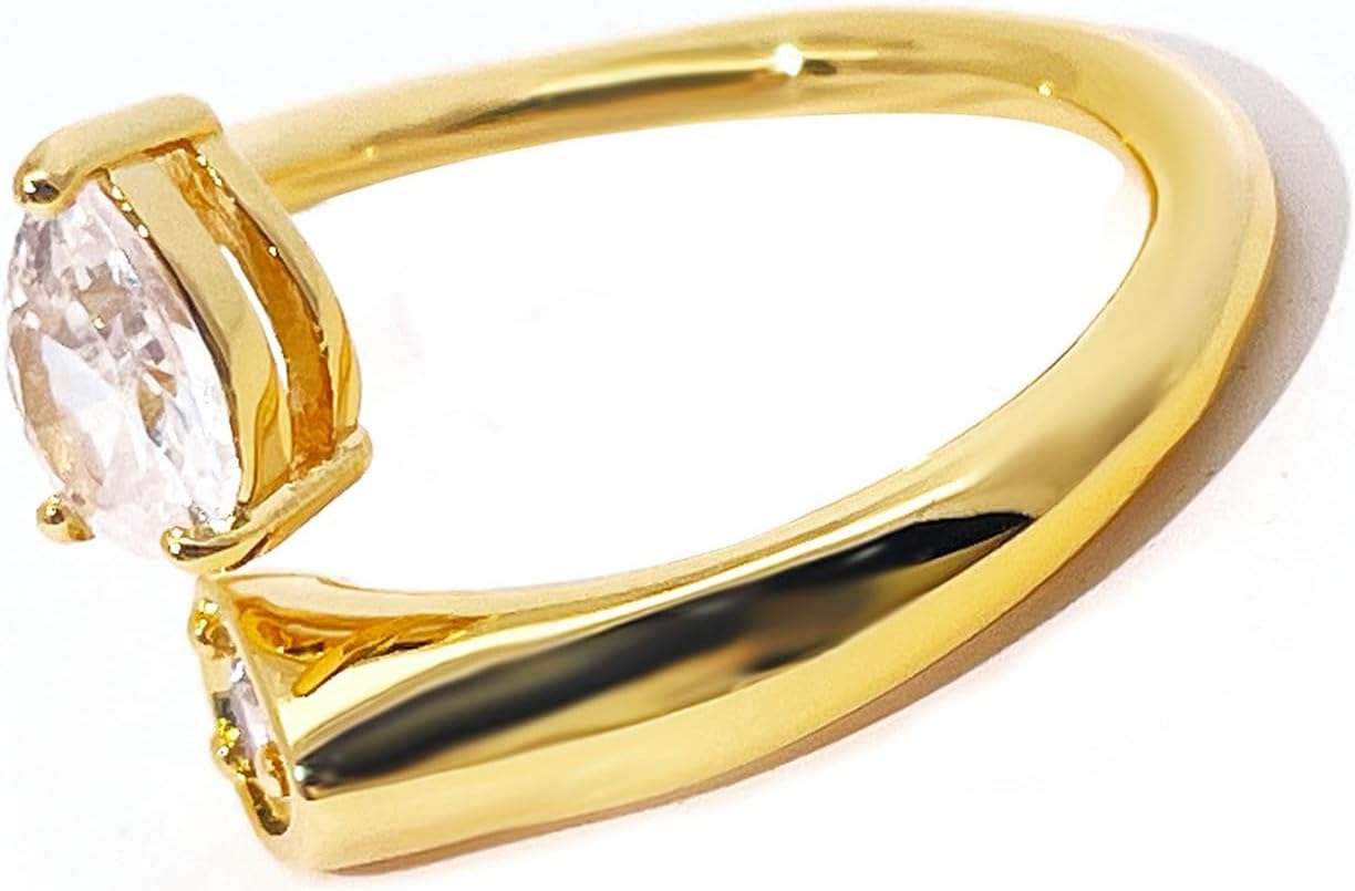 TIANYU GEMS Open Adjustable Ring for Women, 14K Gold Plated Stacking Ring with Pear & Round Zircon, Size 4.5-8.5, Elegant Minimalist Dainty Jewelry Gift for Her