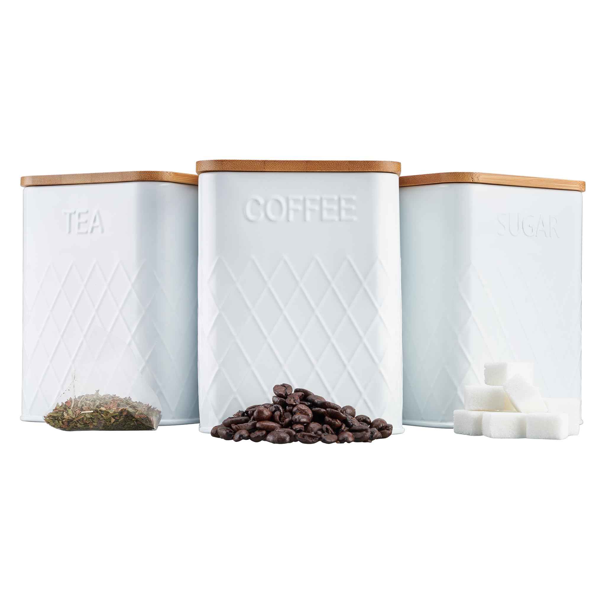 Cooks Professional 3 Piece Tea, Coffee & Sugar Square Cannister Set with Bamboo Lids | Diamond Pattern Labelled Stainless Steel Kitchen Storage Bins Airtight Containers | White