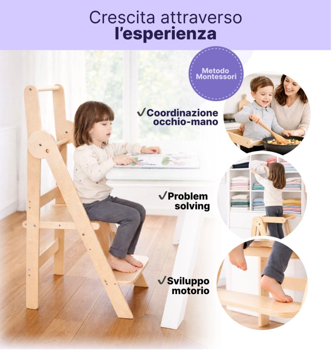 WOODYLAND Torre montessoriana Find, sgabello bambini regolabile e salvaspazio in legno naturale, ideale per cucina e bagno, 18 Mesi–6 Anni, 118 x 56 x 18 cm