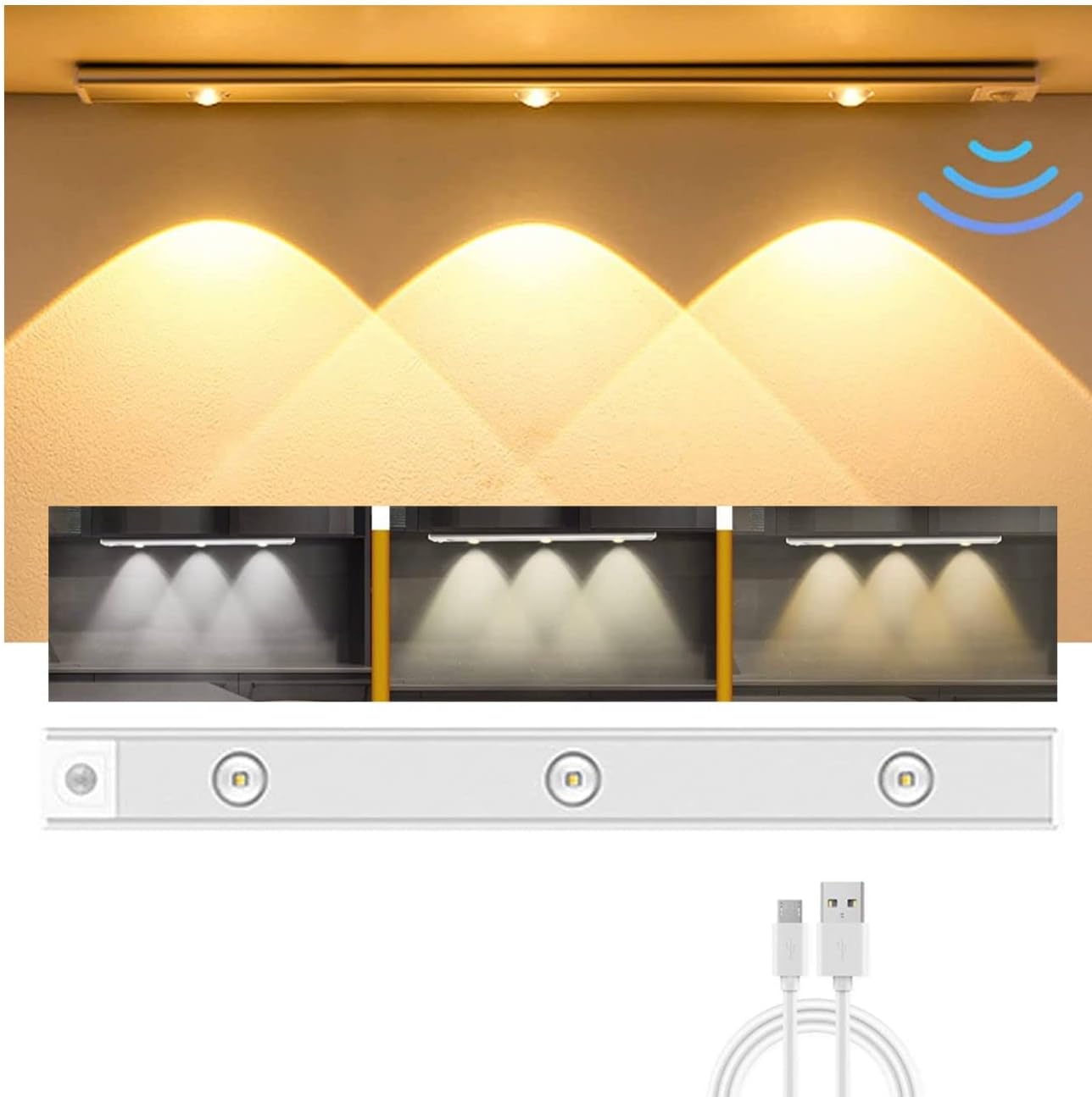 UTech LED Closet Light, Motion Sensor Under Cabinet Lights, Under-Counter Lighting, 3 Colors Rechargeable Dimmable Wireless, Magnetic Light Kitchen Night Lights for Wardrobe, Kitchen (40cm)