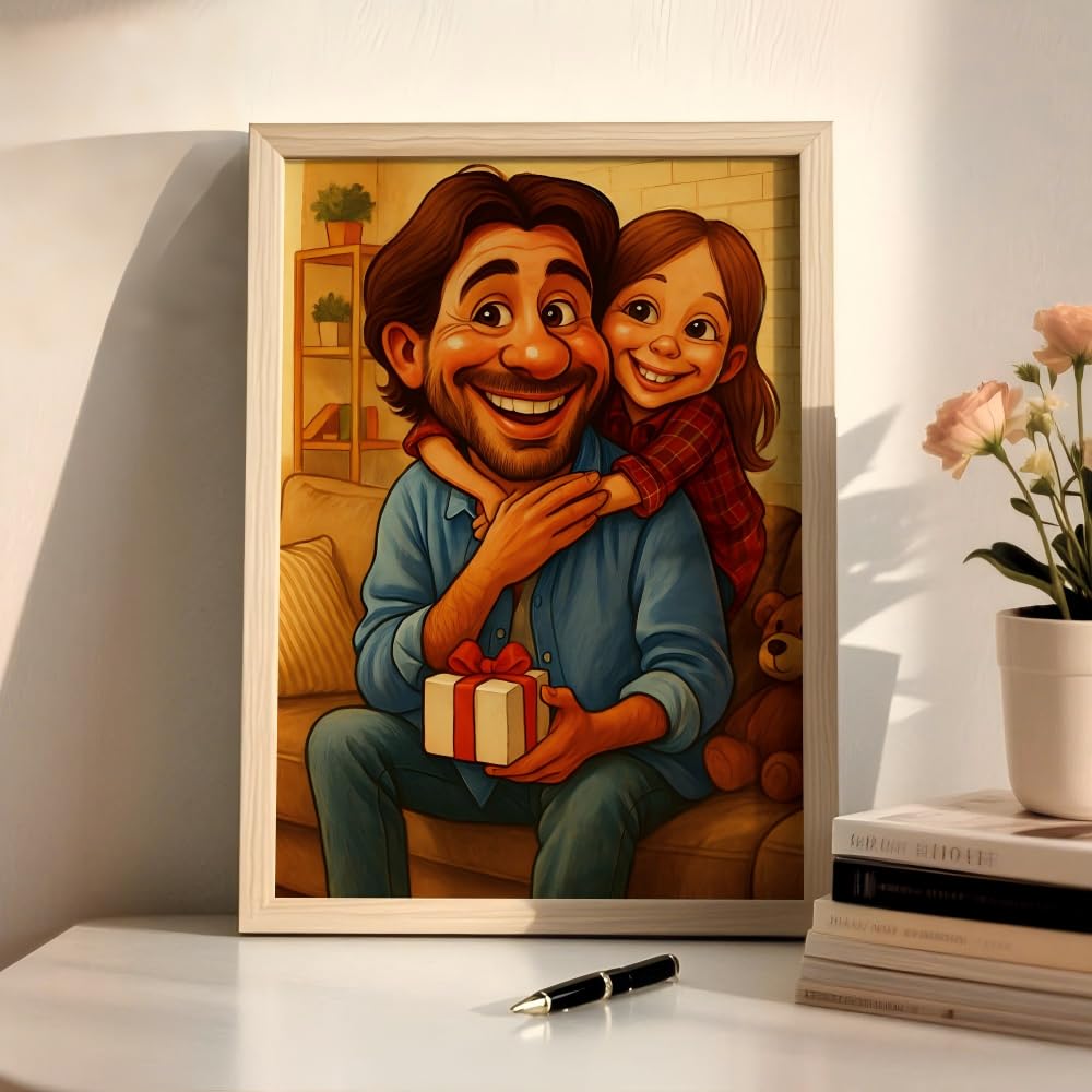 Cadre Photo Cartoon Personnalisé en Bois – Portrait Photo Cartoon avec Nom, Illustration Famille ou Couple, Cadeau Romantique pour Anniversaire, Mariage, Fête ou Décoration Maison