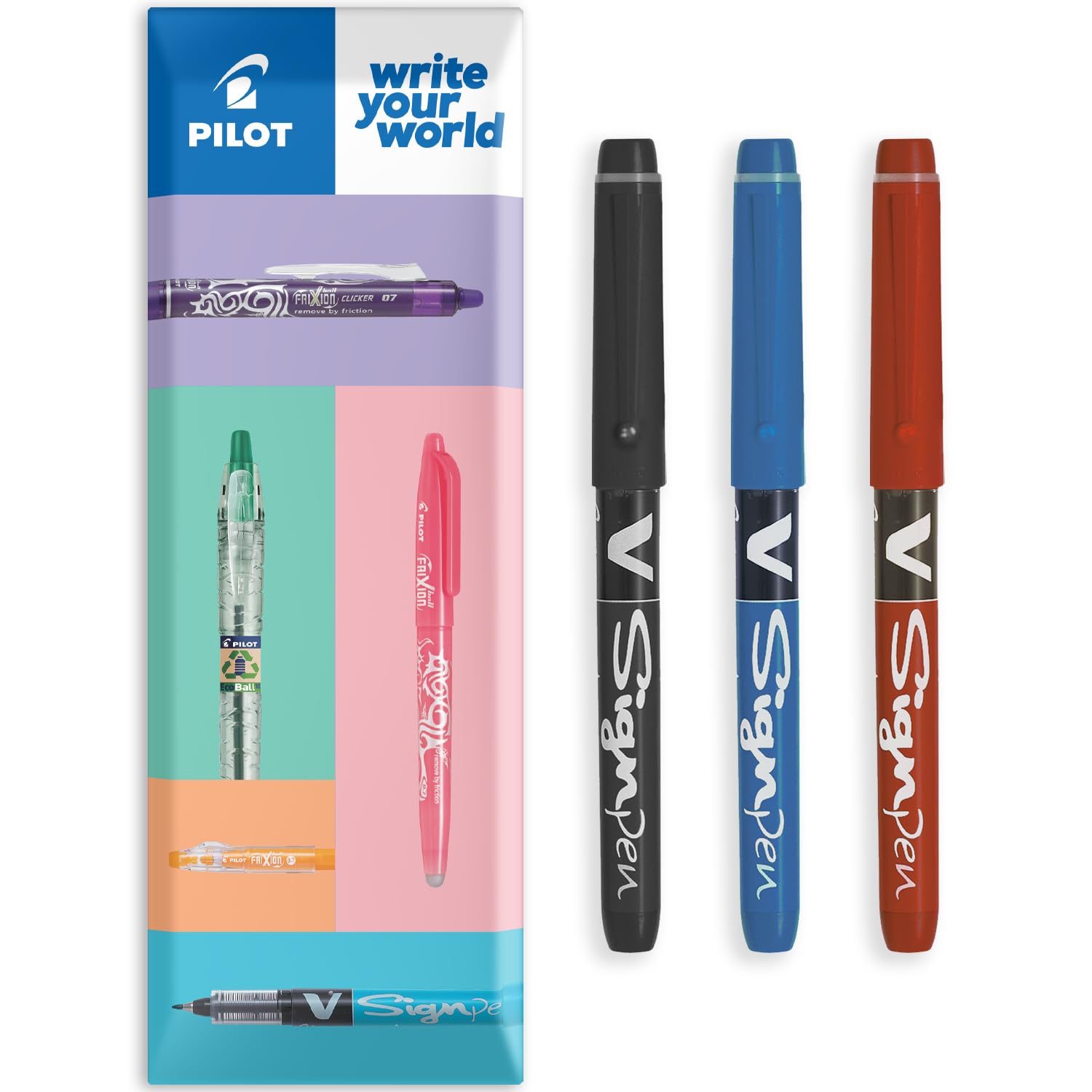 PILOT V Sign Pen - Fineliner Marker Pens - 2.0mm Nib Tip - 0.6mm Line Width - Essential Pack - Black, Blue & Red (3)