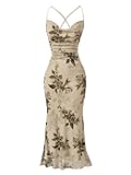 Women's Floral Mesh Bodycon Cami Dress Cowl Neck Sleeveless Cocktail Party Wedding Guest Long Maxi Dresses